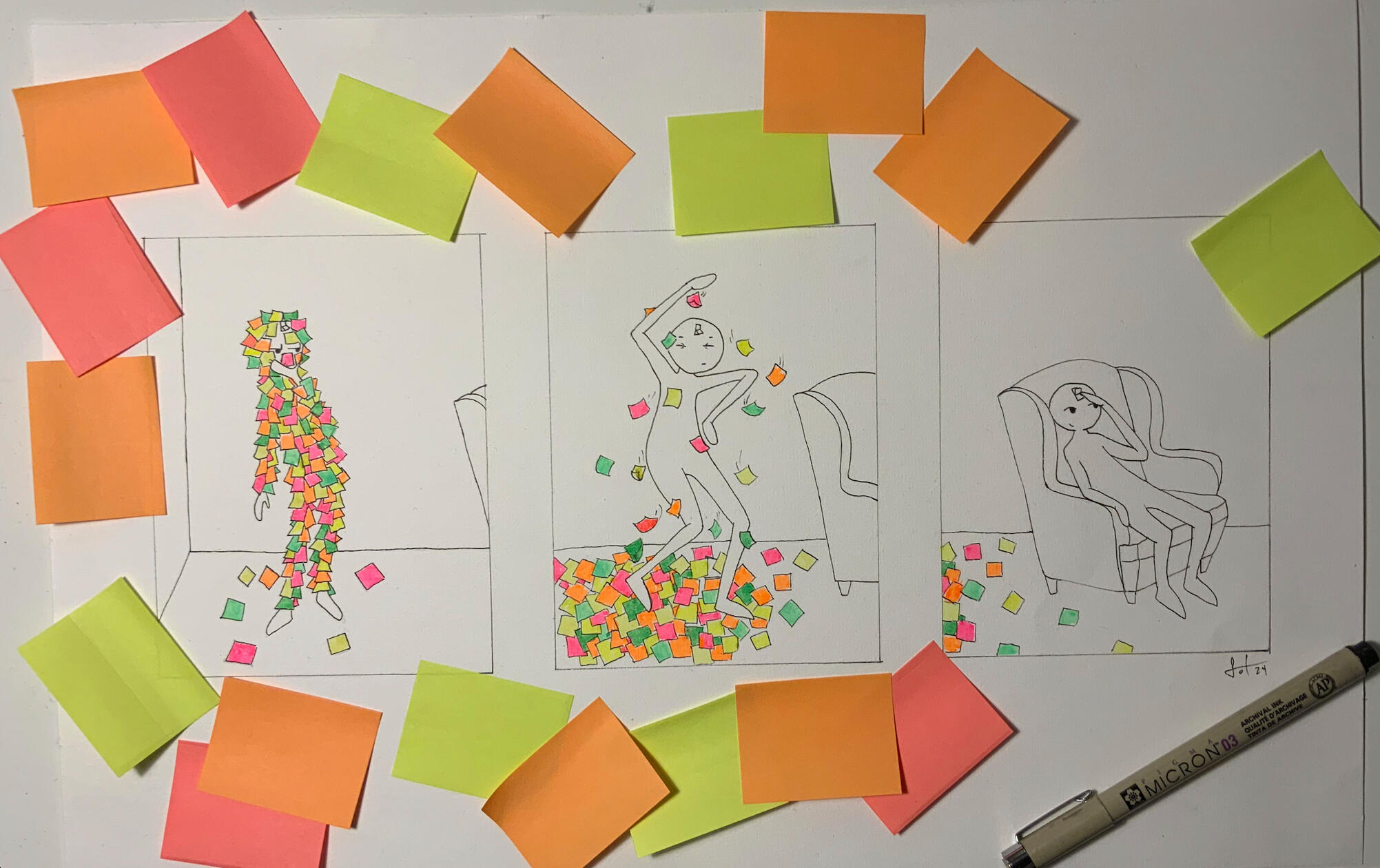 How to do nothing (illustration with light-markers and fineliner,Bern, 2024)