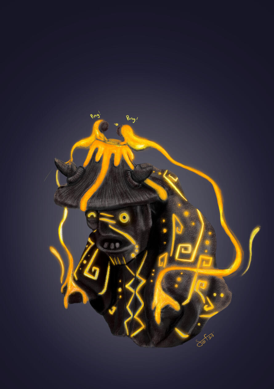 NUM (The Mad Volcano): A colossal volcanic titan whose body is a living mountain and heart of burning fire. Haunted by the restless spirits Ping and Pong, NUM is trapped in madness and can control flowing lava. (Charakterdesign, Digital painting, Biel 2024